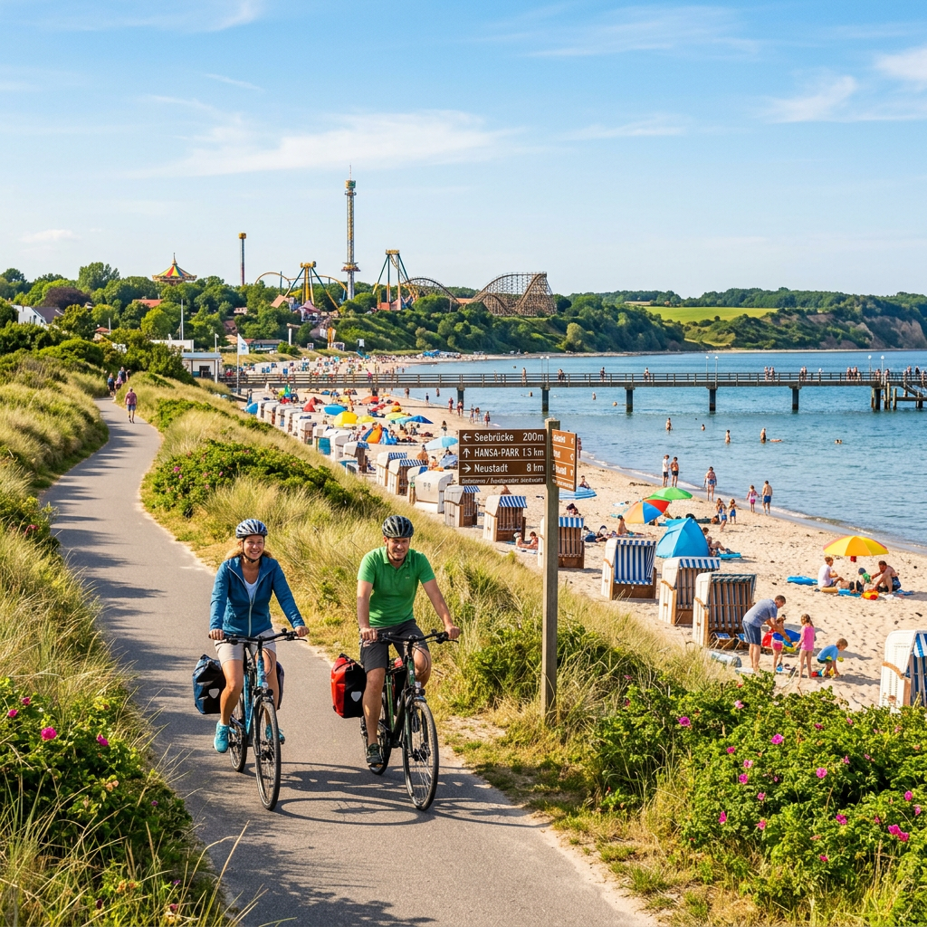 Two cyclists riding on a paved coastal path beside a crowded sandy beach with amusement park rides in the background