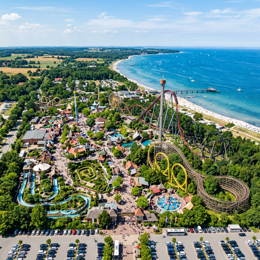 Amusement park with roller coasters, rides, and a beach coastline with blue ocean waters